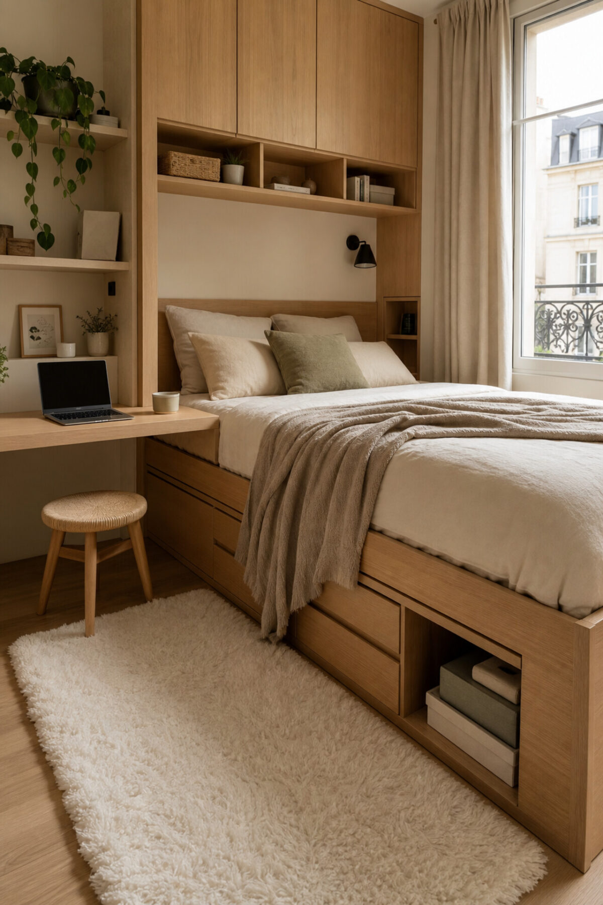 lit estrade en bois clair avec tablette bureau, rangement intégré, linge écru et tapis moelleux