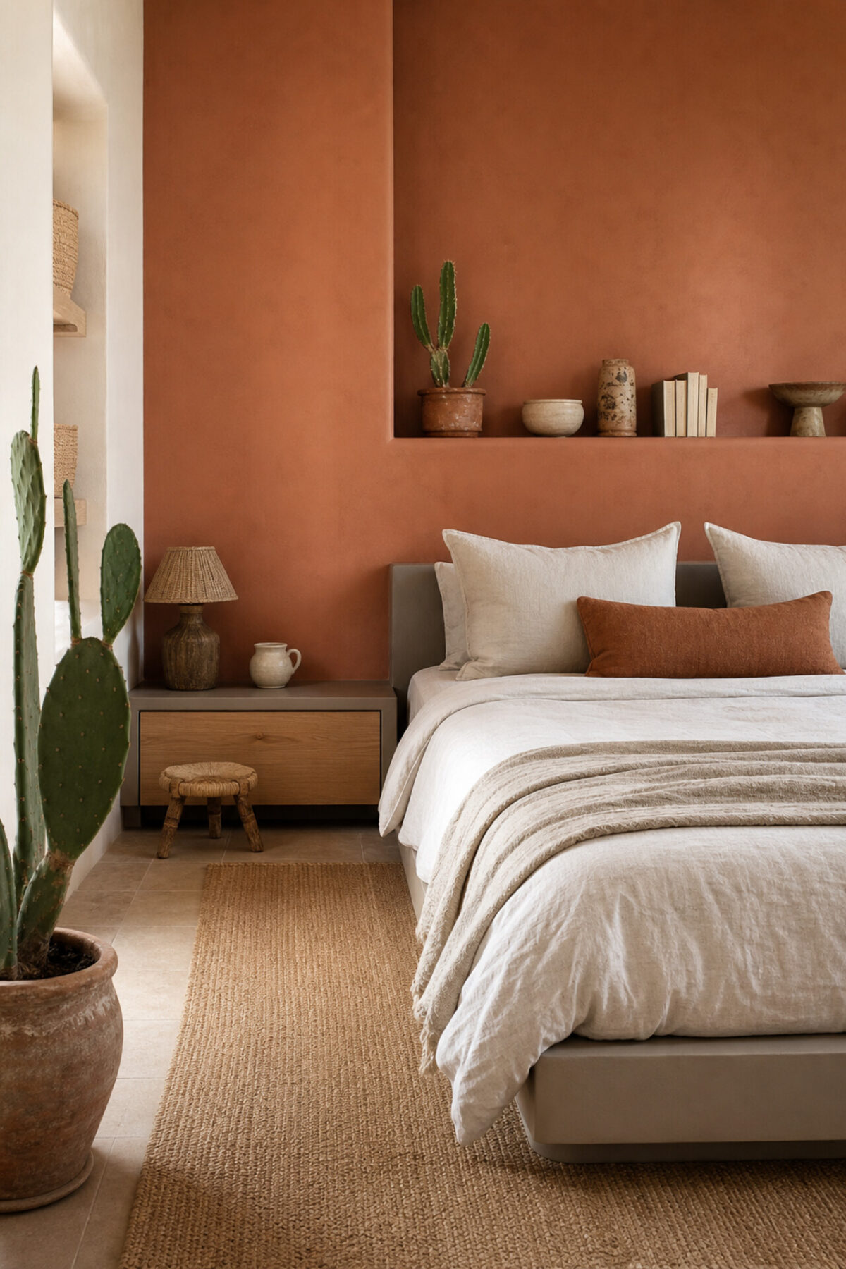 chambre terracotta avec lit estrade greige, tiroirs en bois clair, cactus et linge de lit écru