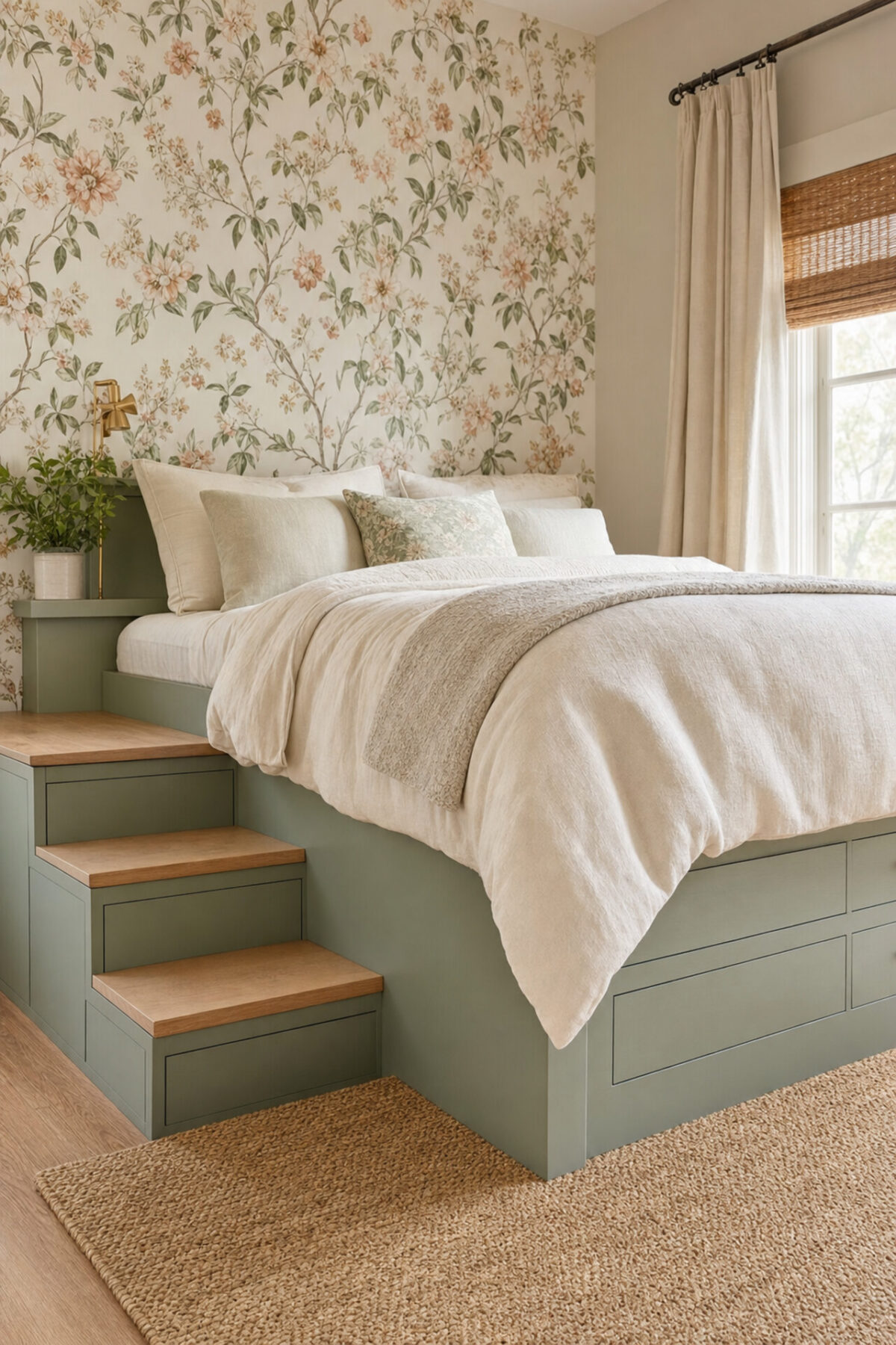 chambre printanière avec lit estrade vert sauge, marches en bois clair et papier peint fleuri