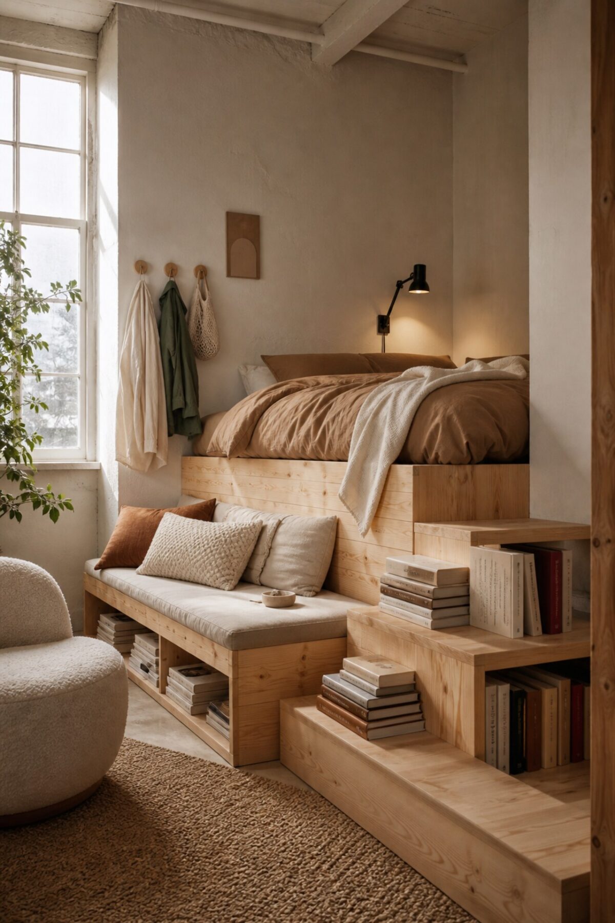 lit estrade en pin naturel avec rangements ouverts, livres empilés et fauteuil blanc cocon