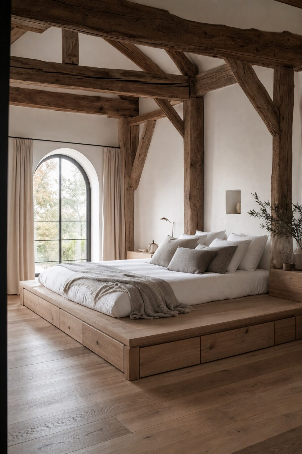 lit estrade en bois clair avec tiroirs sous des poutres apparentes dans une chambre rustique chic