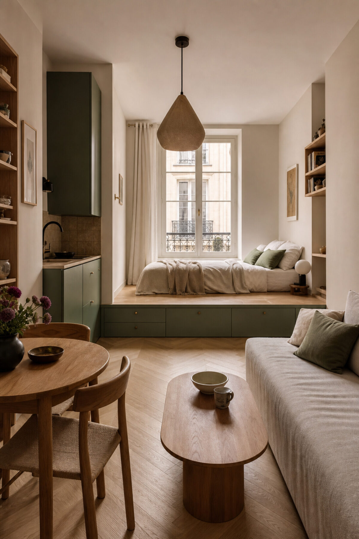 petit studio avec lit estrade vert sauge, tiroirs de rangement, parquet clair et table ronde en bois