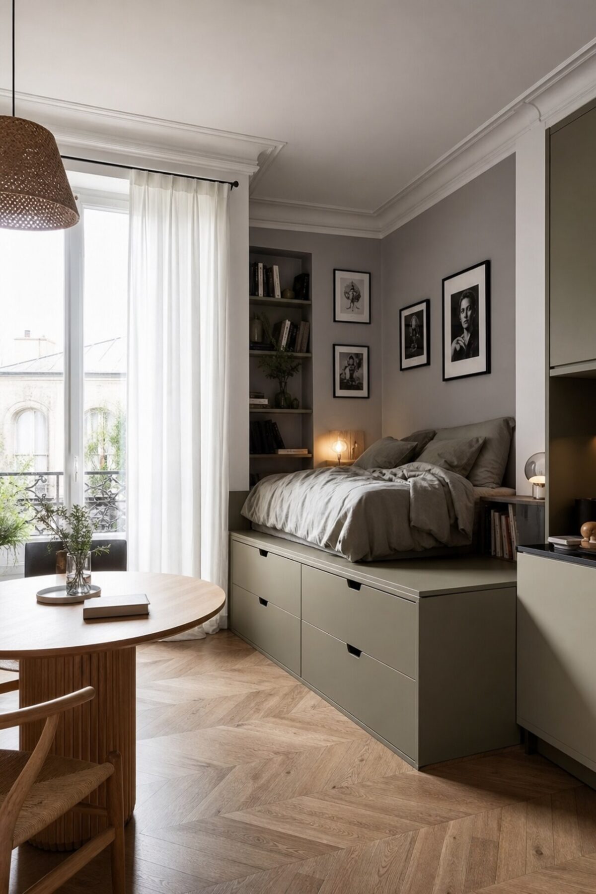 lit estrade gris vert kaki avec rangements dans un studio compact au parquet chevron