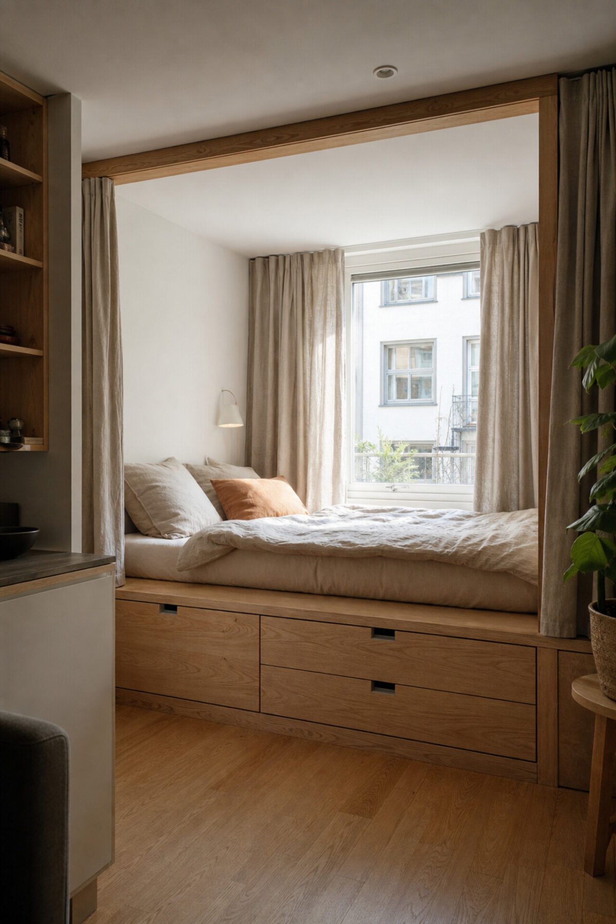 coin nuit compact avec lit estrade en contreplaqué clair et grands tiroirs sous le lit