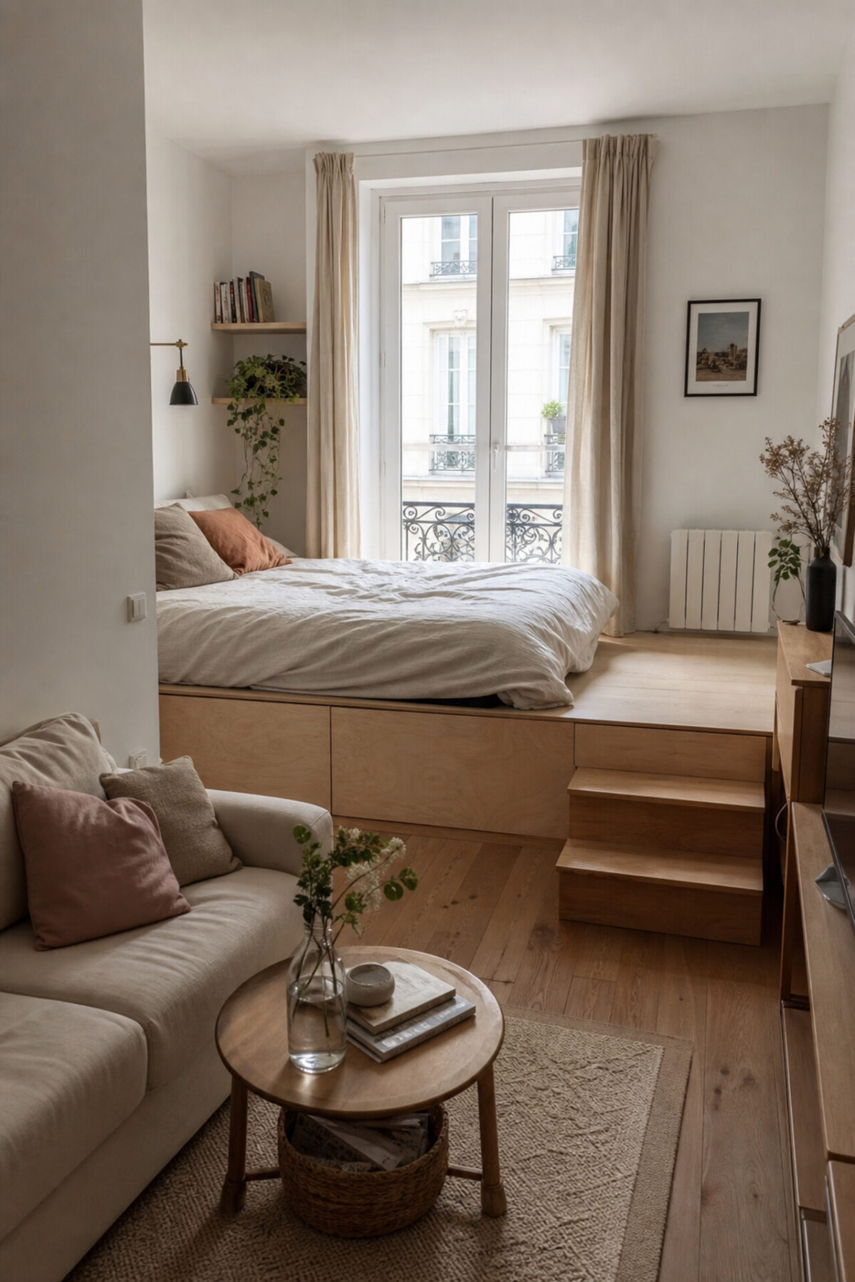 petit studio parisien avec lit estrade en bois clair, tiroirs intégrés, marches simples et coin salon naturel