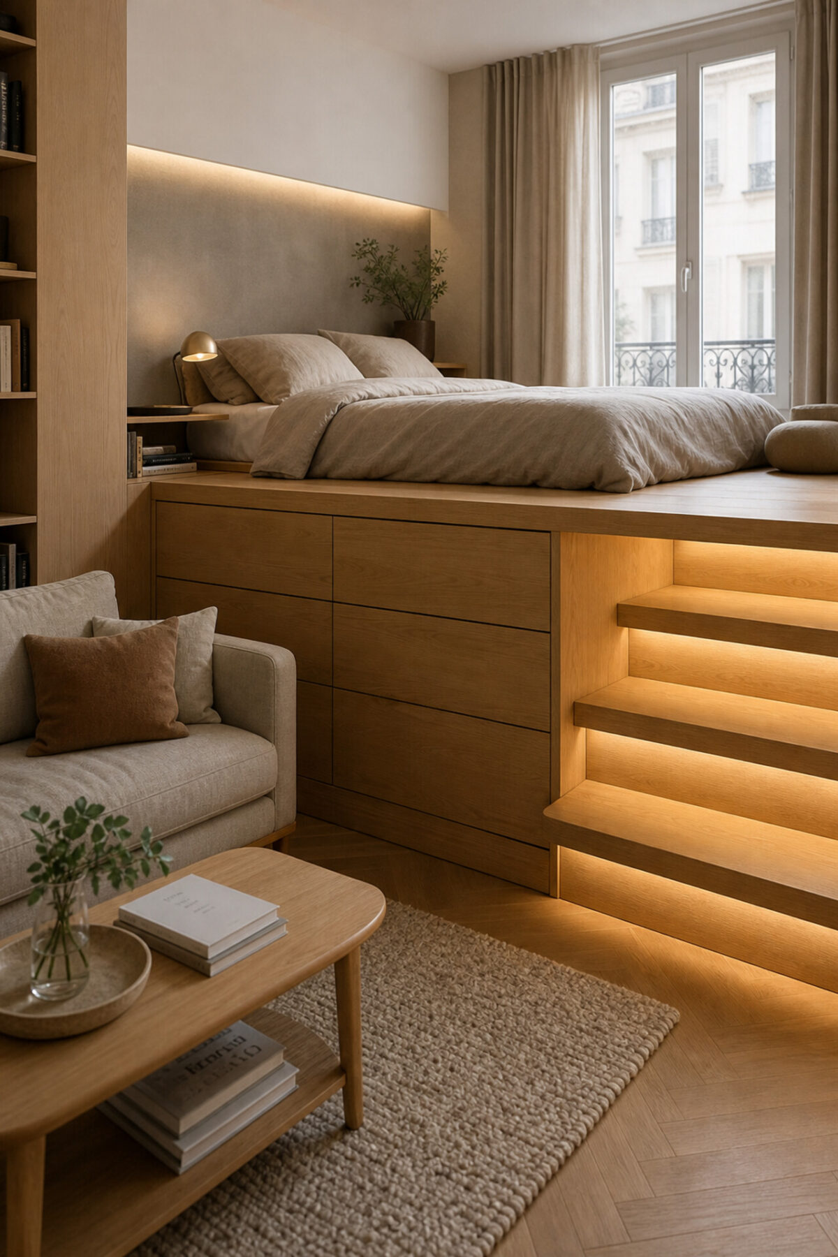 lit estrade en bois clair dans un studio avec tiroirs, marches éclairées et coin salon compact