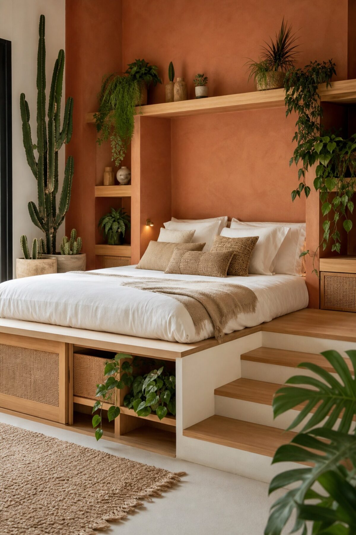 lit estrade blanc et bois avec étagères intégrées, mur terracotta et plantes vertes
