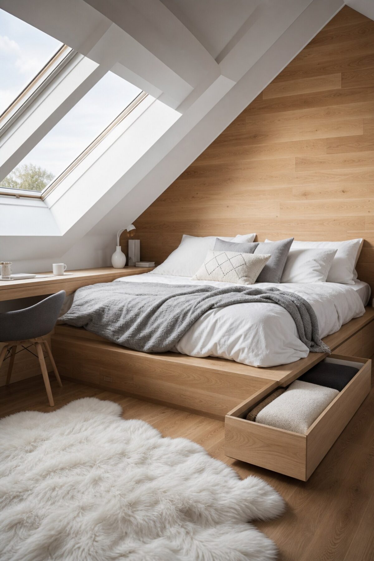 lit estrade en bois clair avec grand tiroir ouvert, bureau intégré et tapis blanc dans une chambre scandinave