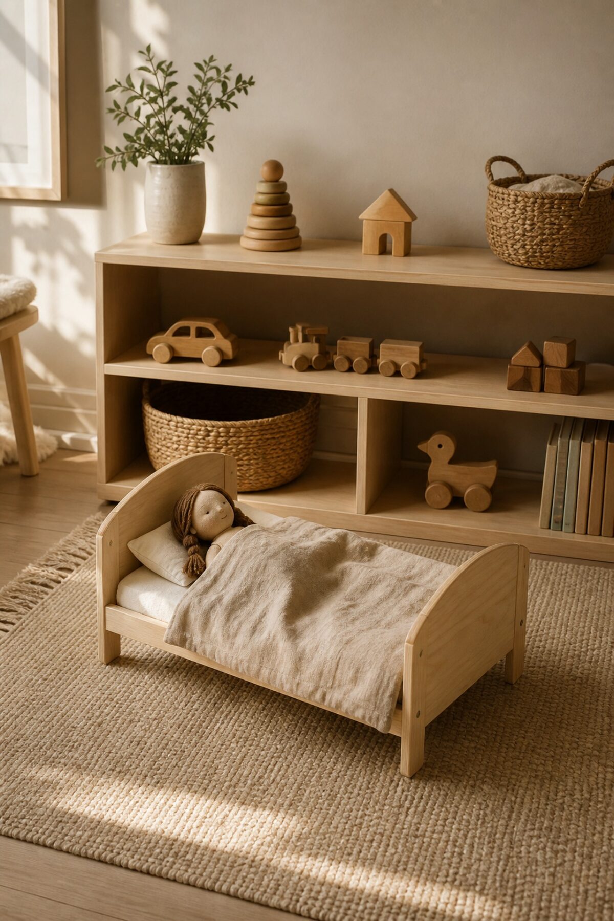 petit lit de poupée en bois avec couverture beige et poupée en tissu dans une chambre d’enfant
