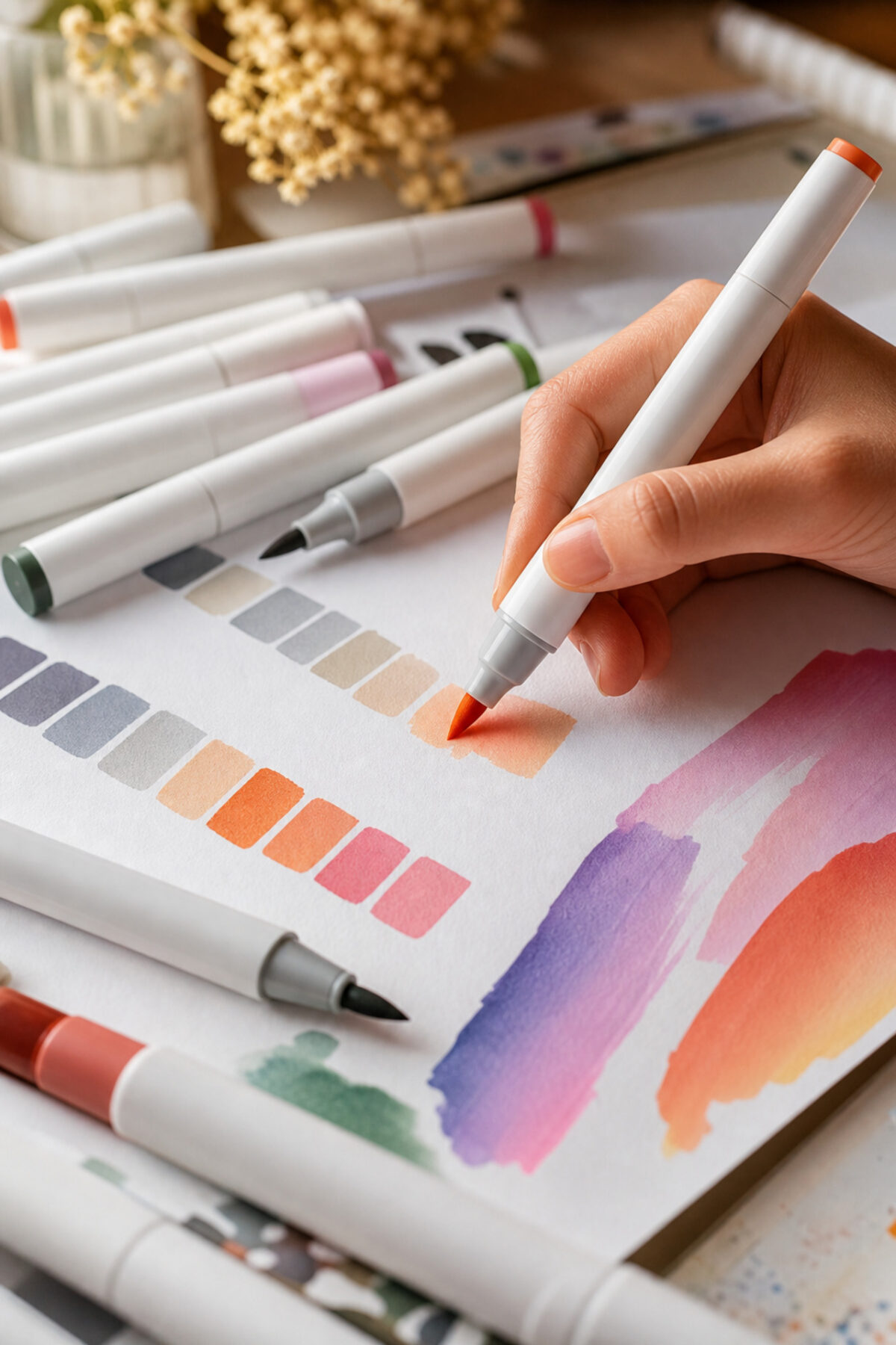 Gros plan sur des marqueurs à alcool colorés disposés sur du papier blanc avec des aplats de couleur montrant la technique de dégradé