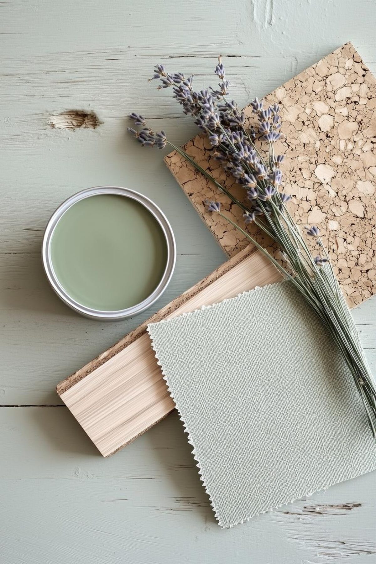 Sélection de matériaux sains pour un coin jeu d’enfant avec peinture vert sauge, bois clair, liège, tissu naturel et brins de lavande sur une table en bois peint.