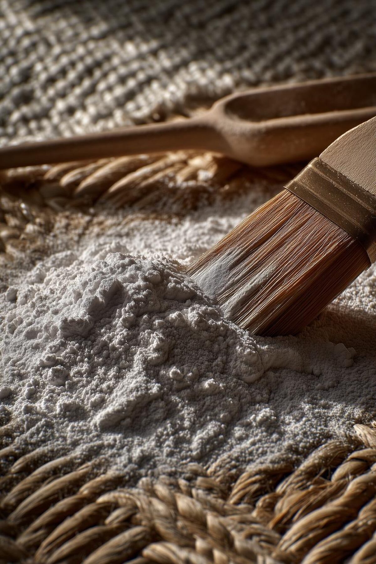 Poudre absorbante appliquée avec un pinceau sur un tapis tressé en fibres naturelles pour nettoyer une tache à sec.