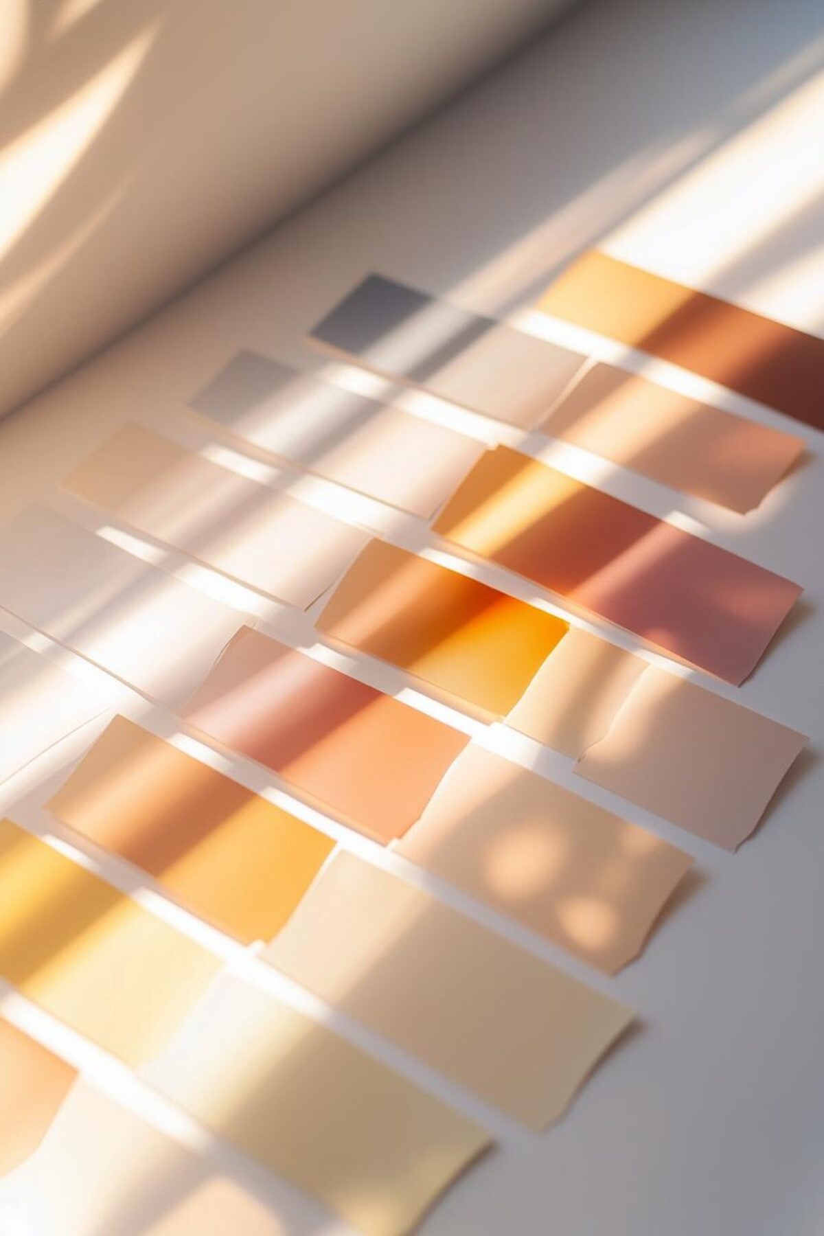 Échantillons de peinture lumineux en blanc chaud, crème, jaune doux, rose poudré et terracotta clair, testés dans une lumière naturelle dorée.