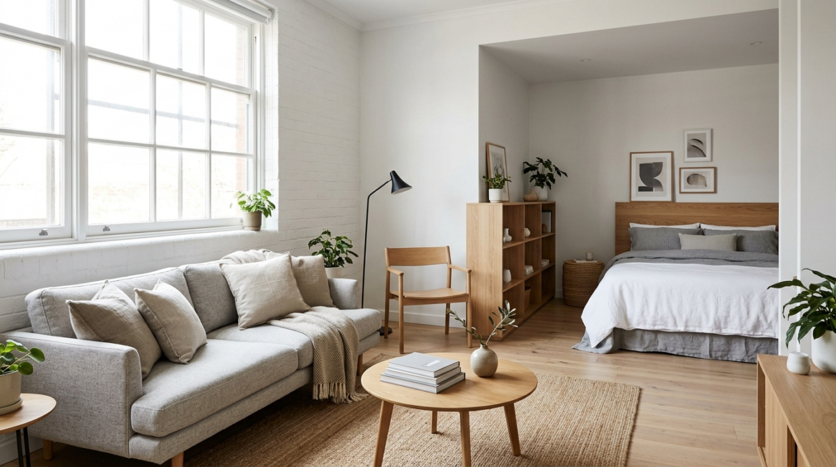 studio lumineux et optimisé avec canapé clair, rangements intégrés, table basse et grande fenêtre