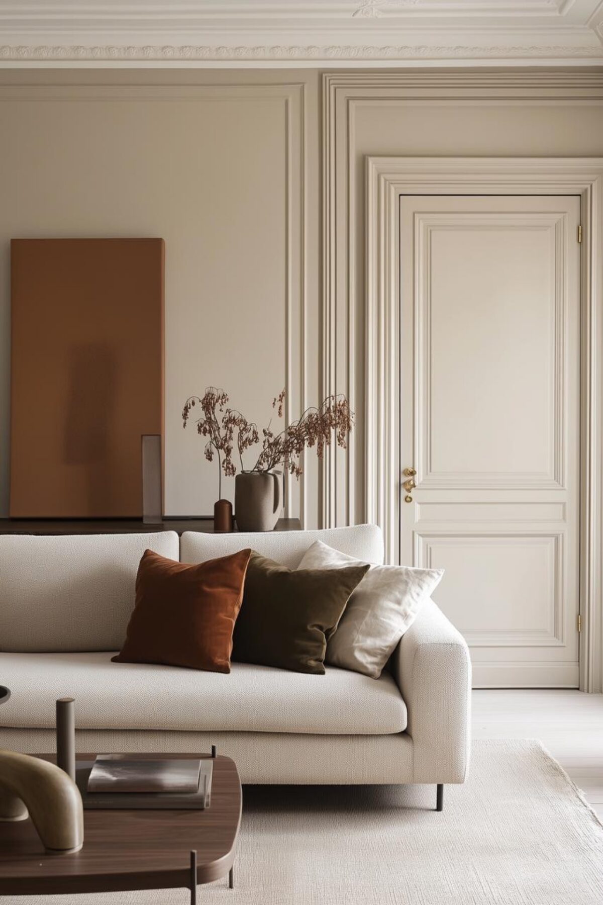 salon de studio élégant avec canapé blanc, coussins terracotta et kaki, moulures classiques, porte claire et table basse en bois