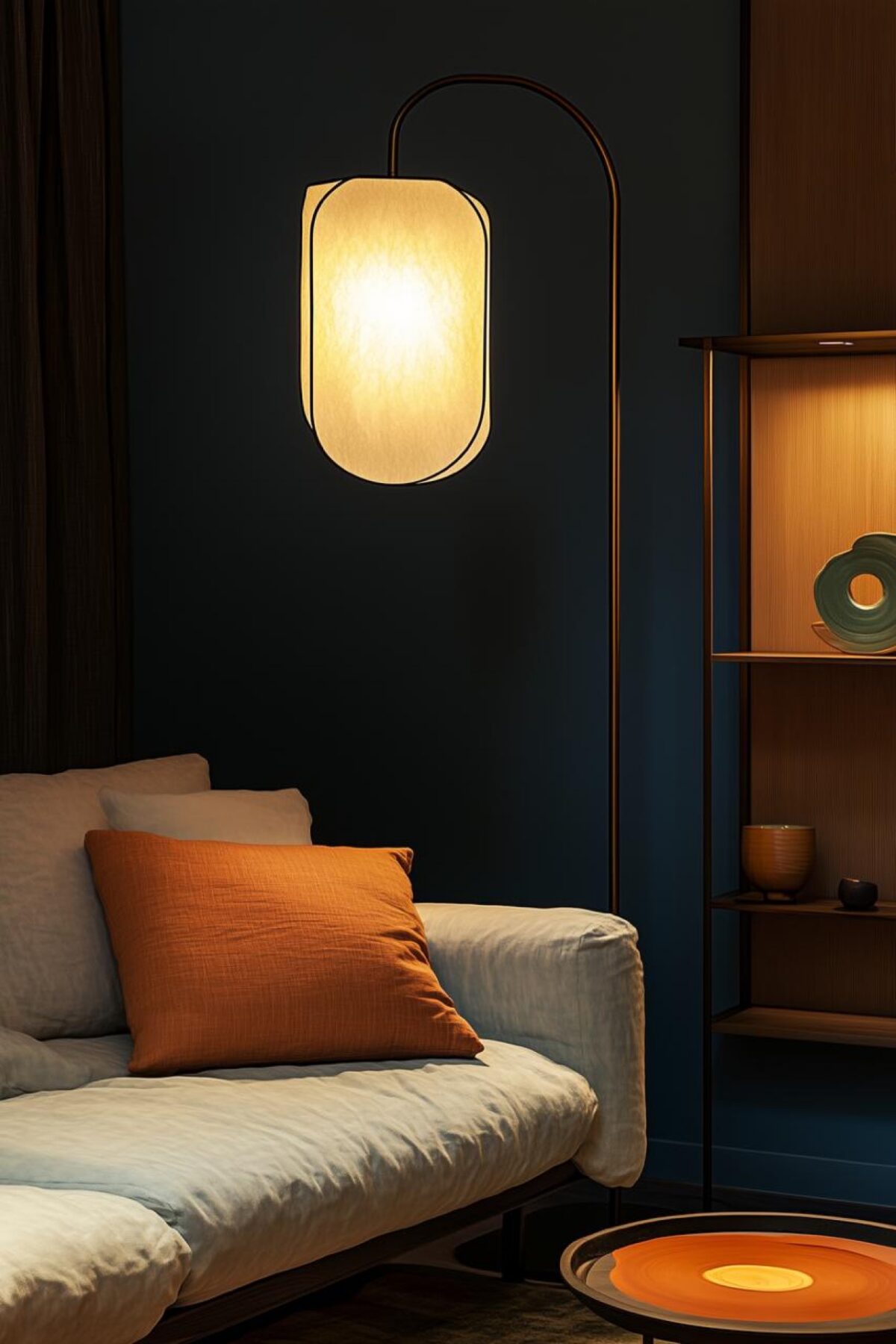 coin salon de studio avec canapé clair, coussin terracotta, mur bleu profond et lampadaire fin diffusant une lumière chaude