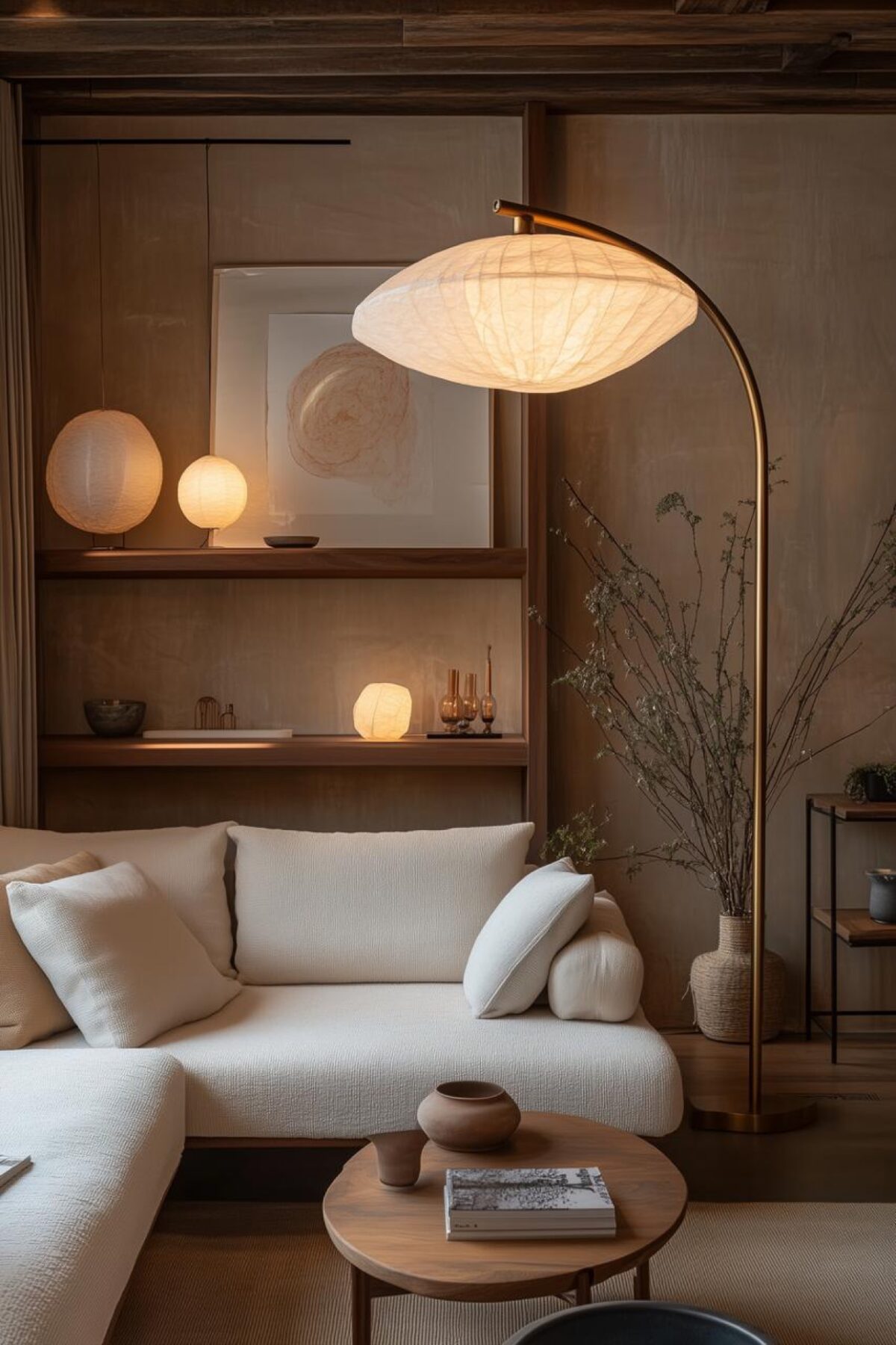 salon de studio chaleureux avec canapé blanc, niches en bois, lampadaire arqué en papier et table basse ronde