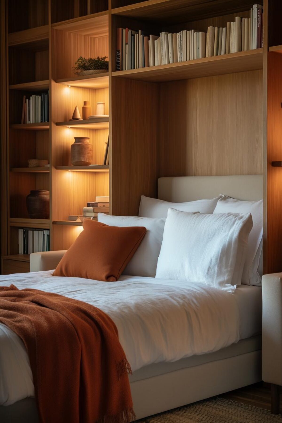 coin nuit de studio avec lit blanc, plaid terracotta et grande bibliothèque en bois intégrée autour de la tête de lit