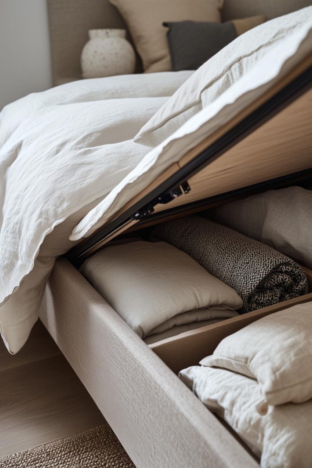 lit coffre relevé avec linge de lit blanc et compartiment de rangement rempli de coussins, couvertures et textiles pliés