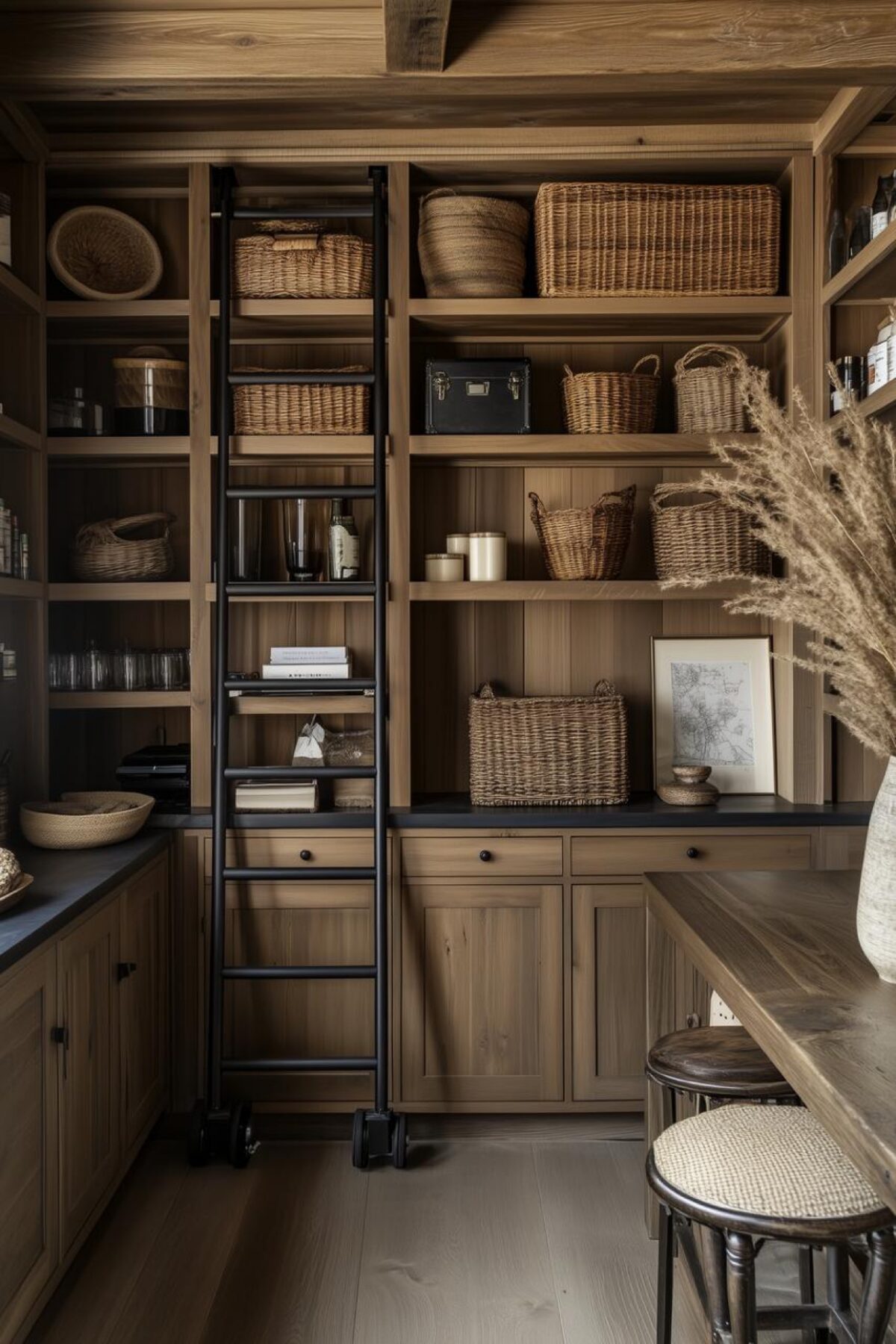 rangements toute hauteur en bois avec échelle noire, paniers en osier, placards bas et étagères ouvertes pour optimiser un studio