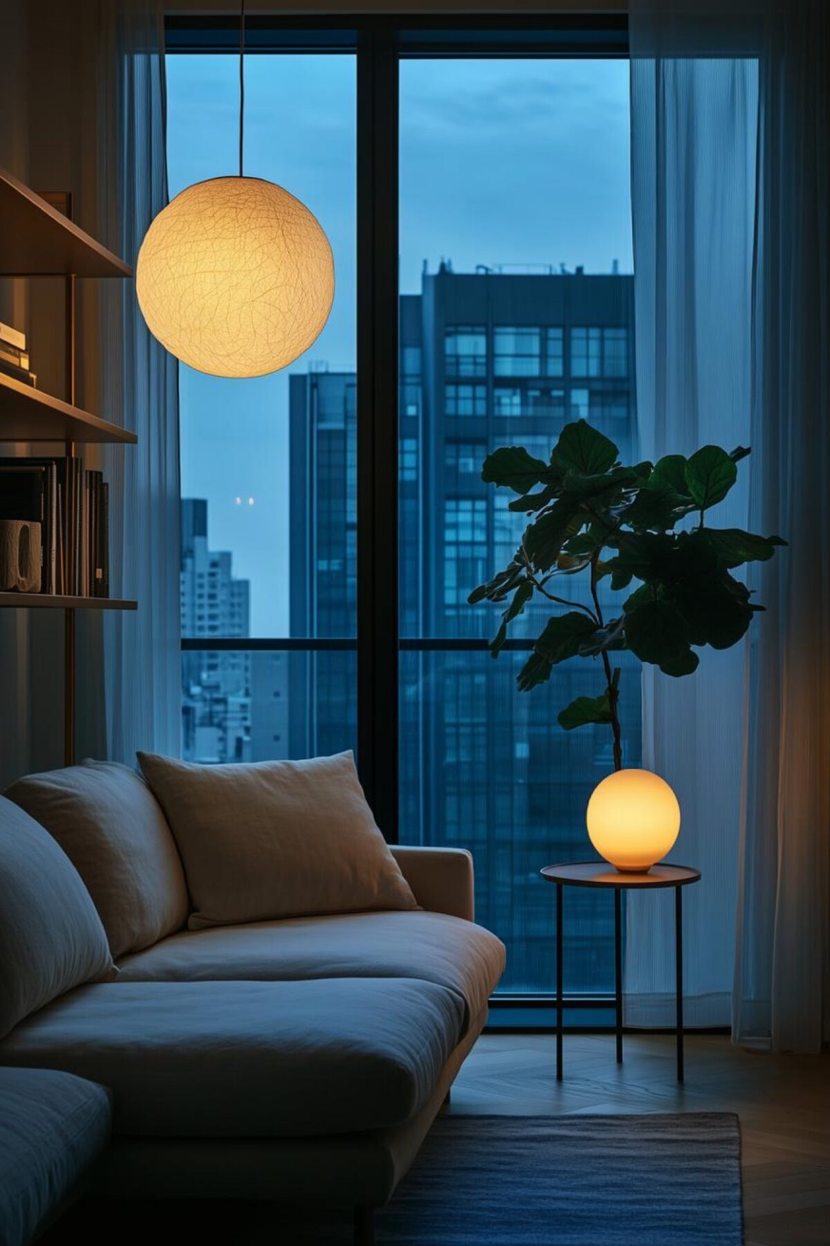 coin salon de studio devant une grande baie vitrée avec canapé clair, plante verte, suspension ronde et lampe d’appoint lumineuse