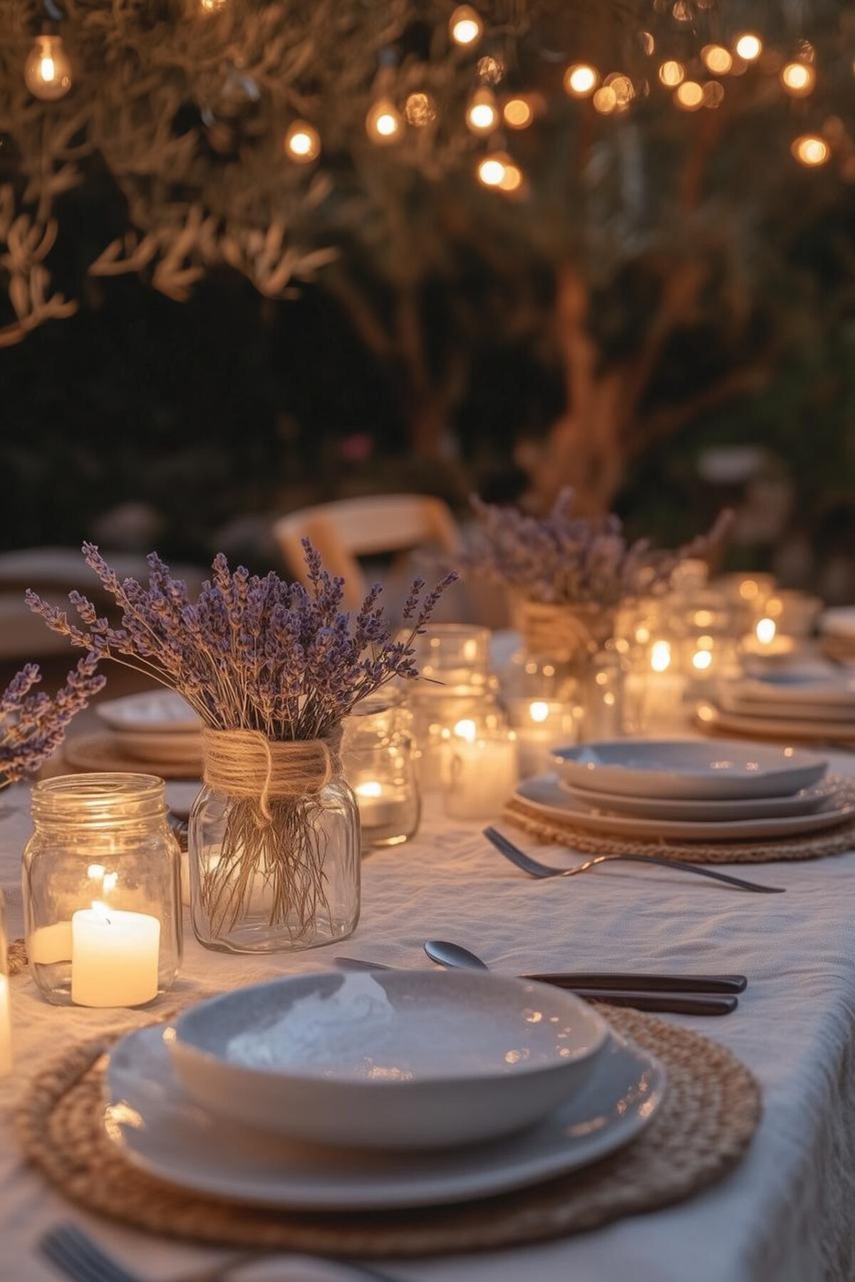 Photophores d’été DIY en pots de verre recyclés, décorés de raphia et de lavande sur une table naturelle.
