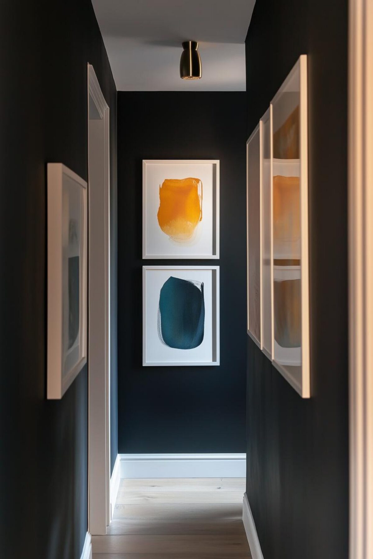Couloir étroit peint en noir avec parquet clair, cadres abstraits et petite suspension noire et dorée.