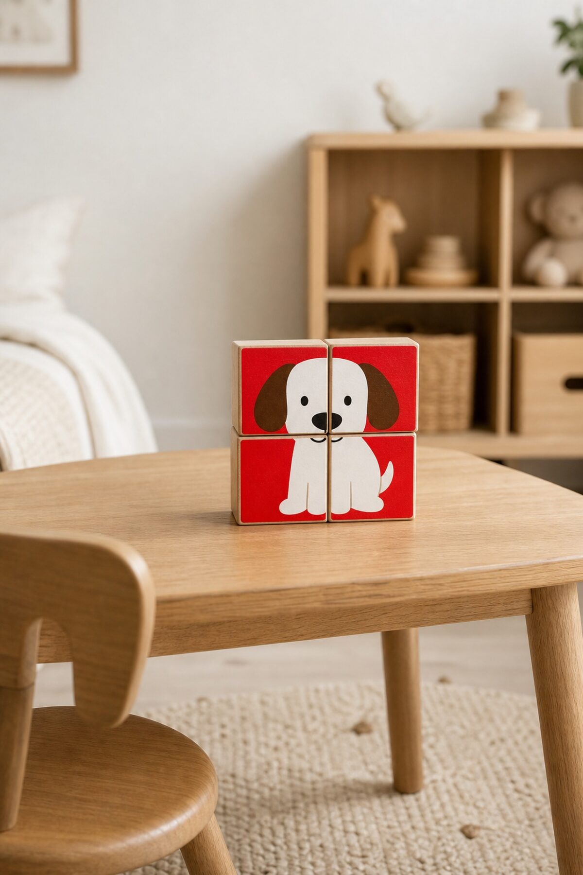 puzzle en cubes de bois formant un chien sur fond rouge dans une chambre d’enfant