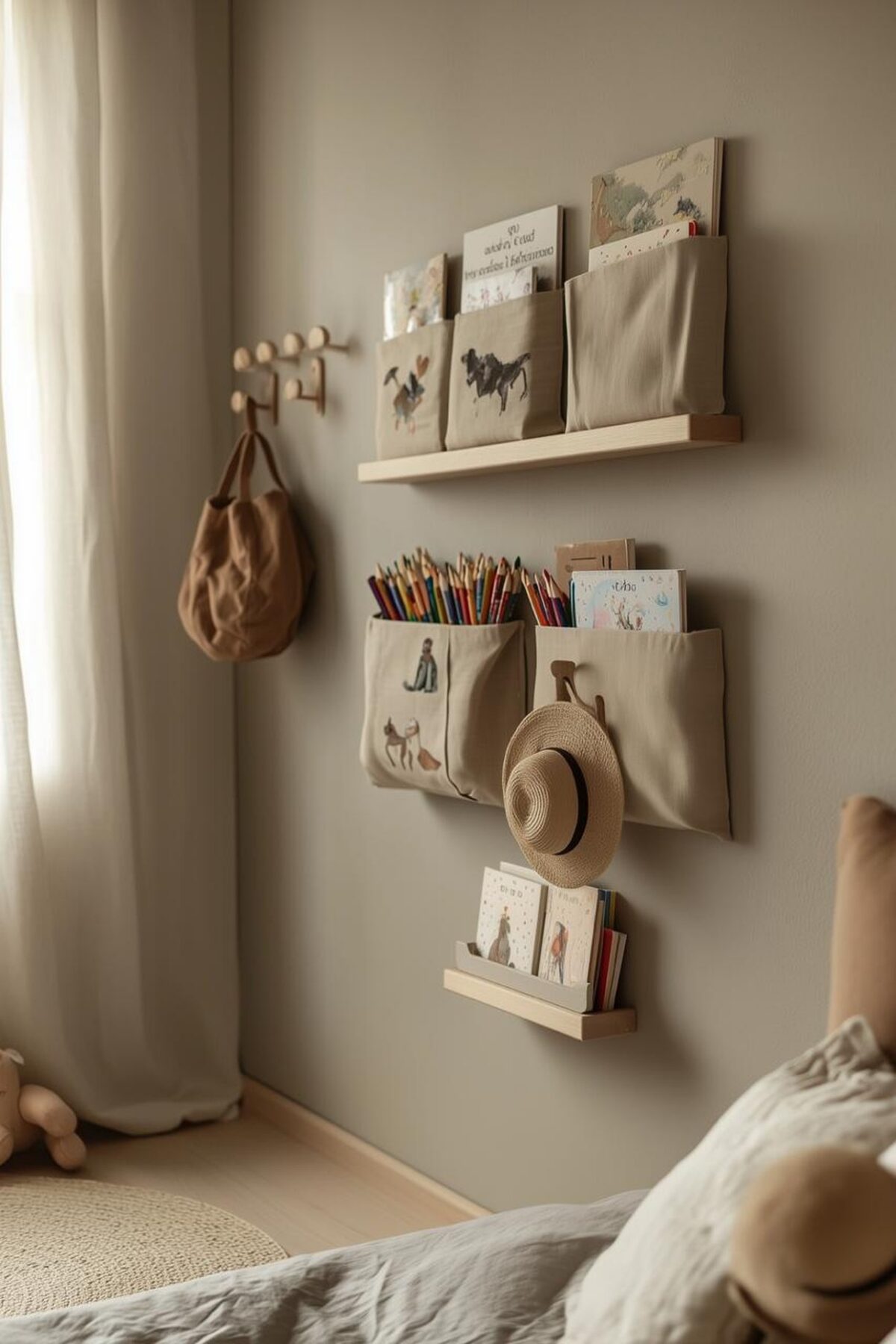 Rangement mural en tissu et petites étagères en bois pour livres, crayons, cartes illustrées et accessoires dans une chambre d’enfant aux tons naturels.
