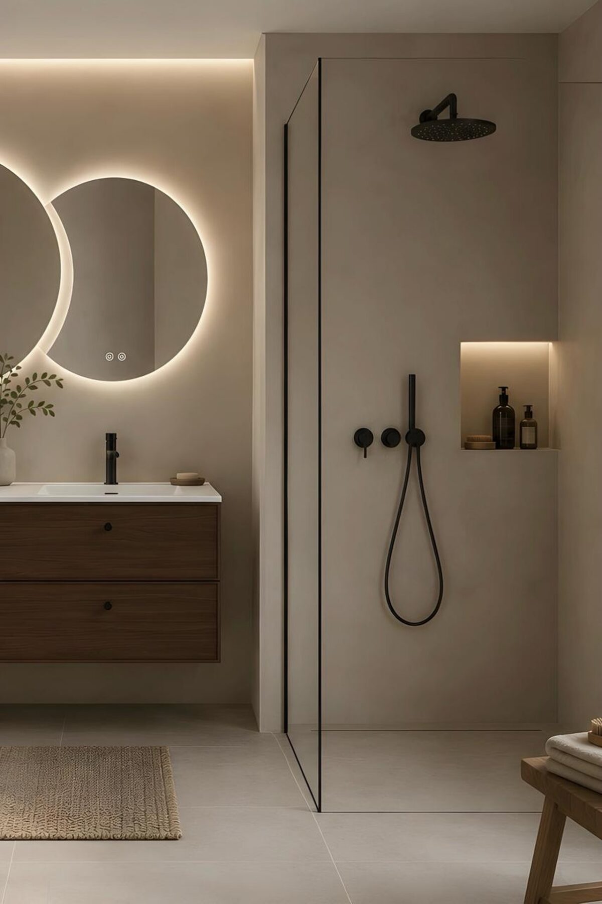 salle de bain beige avec douche à l’italienne, miroir rond rétroéclairé, meuble vasque en bois et robinetterie noire
