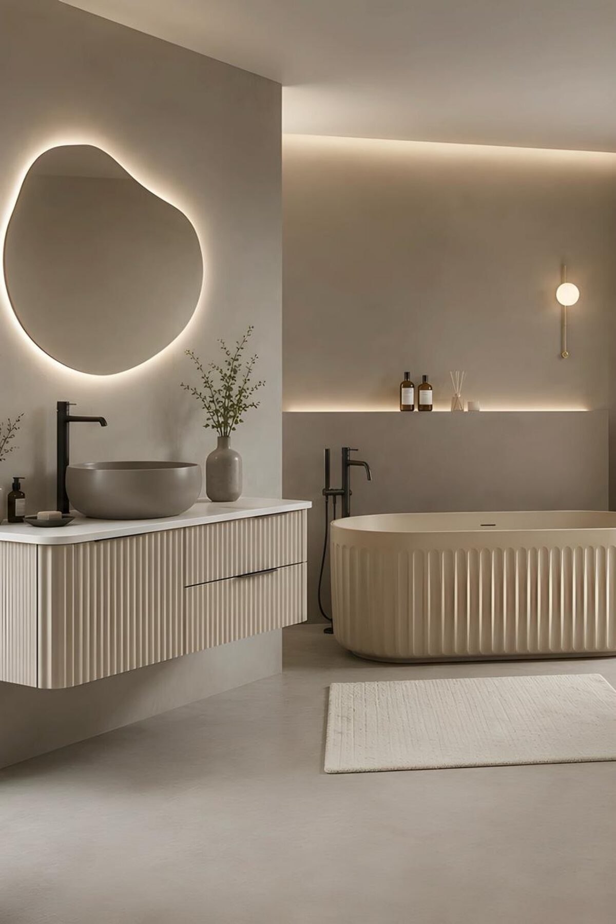 meuble vasque cannelé beige avec miroir organique lumineux et baignoire îlot dans une salle de bain beige apaisante
