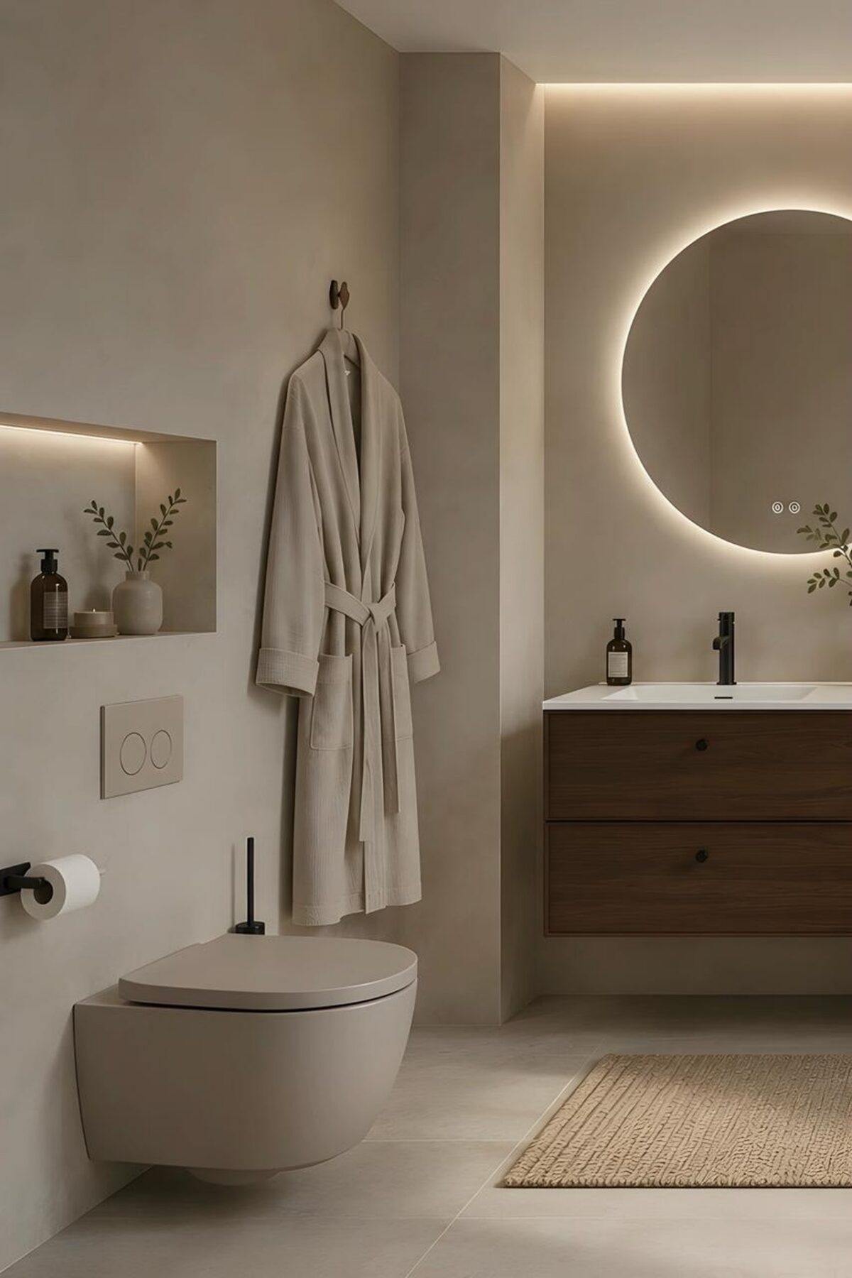 coin toilettes suspendues beige avec peignoir accroché, niche lumineuse et meuble vasque en bois