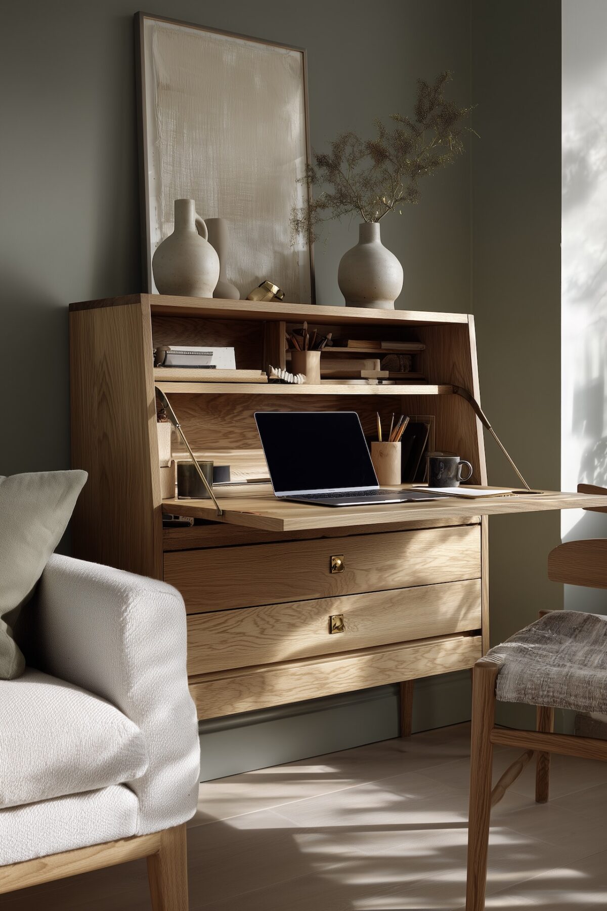 Secrétaire moderne en chêne clair avec abattant ouvert révélant un laptop, rangements intégrés et pot à crayons, vases en céramique et illustration abstraite posés dessus, mur vert olive, fauteuil bouclé crème et chaise en bois de chaque côté