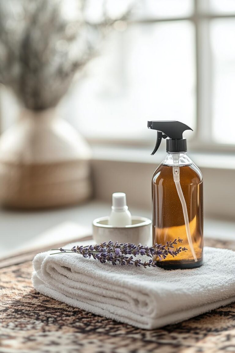 flacon spray ambré, serviette blanche et brins de lavande posés sur un tapis pour nettoyer naturellement