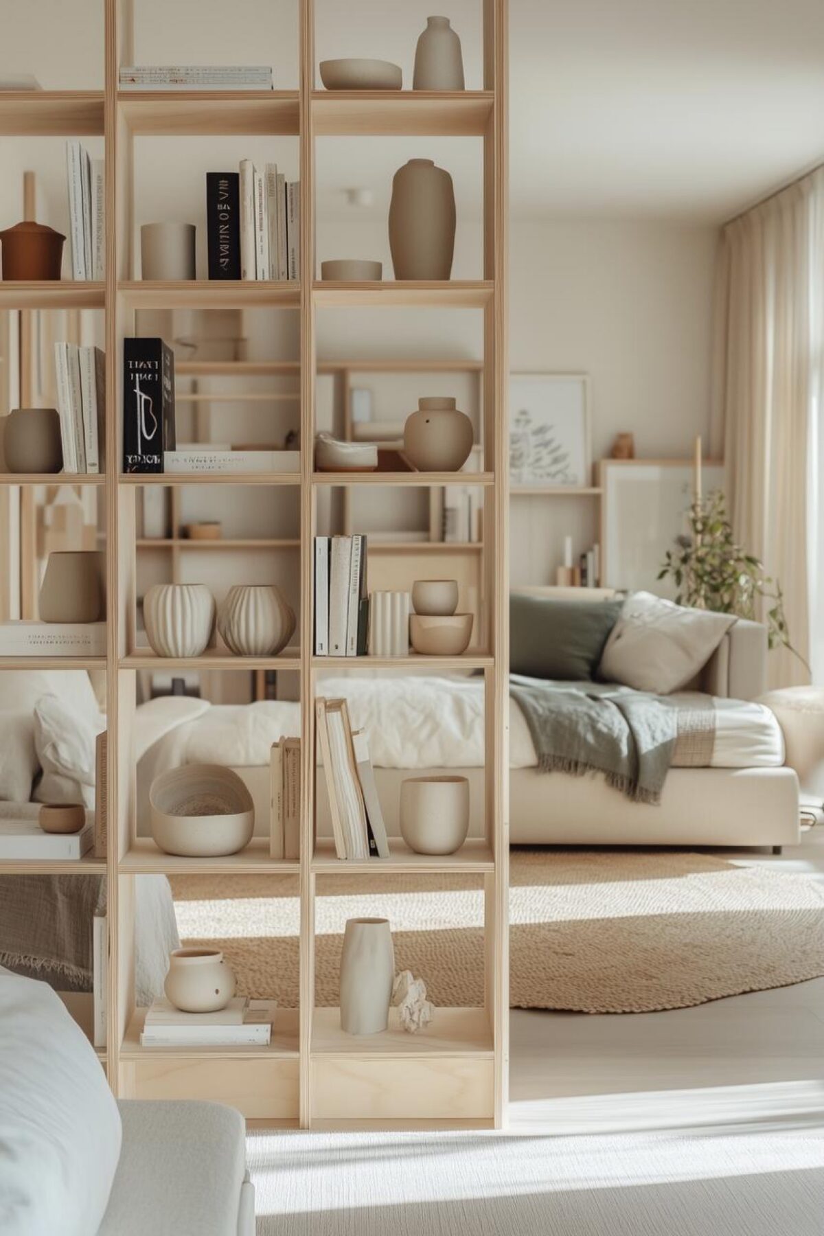 bibliothèque ajourée en bois clair séparant le coin nuit du salon dans un studio aux tons doux et naturels