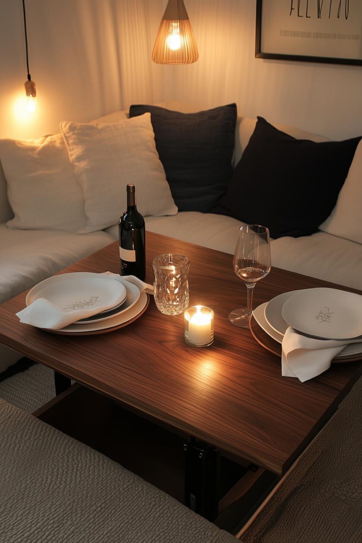 table repas en bois dressée devant un canapé dans un studio cosy avec suspensions lumineuses et bougies