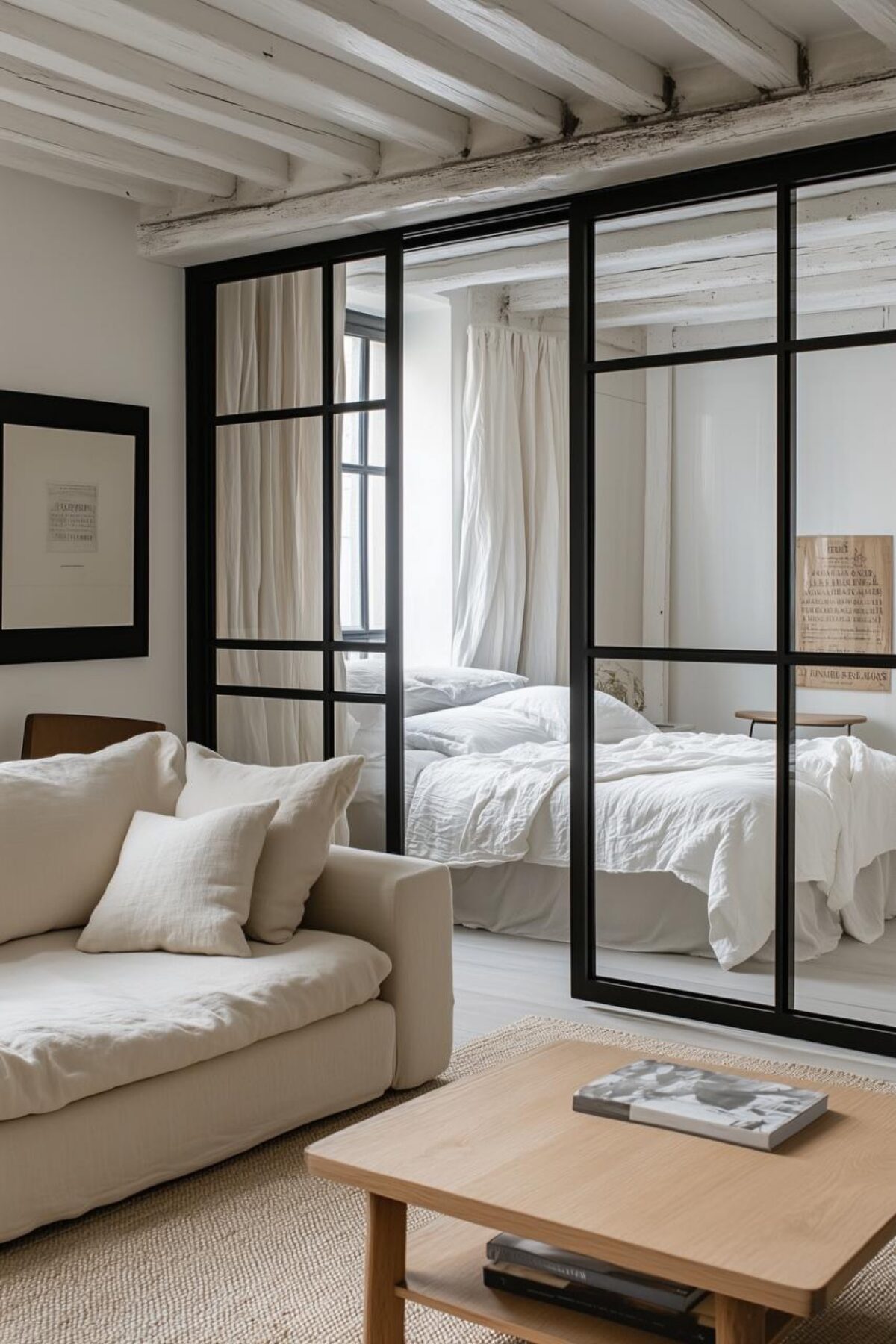 studio lumineux avec verrière noire séparant le coin nuit, canapé blanc, poutres apparentes et table basse en bois clair