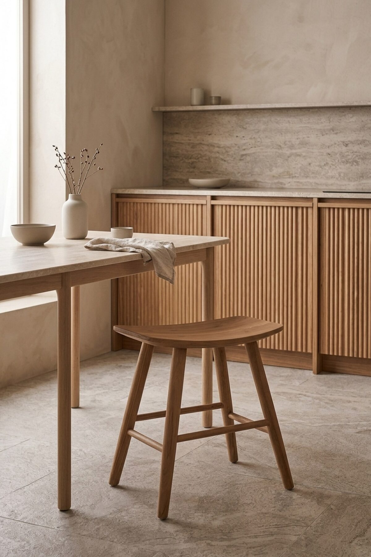 Tabouret AMBRE en teck massif avec assise fine près d’une table à hauteur normale dans une cuisine beige cannelée