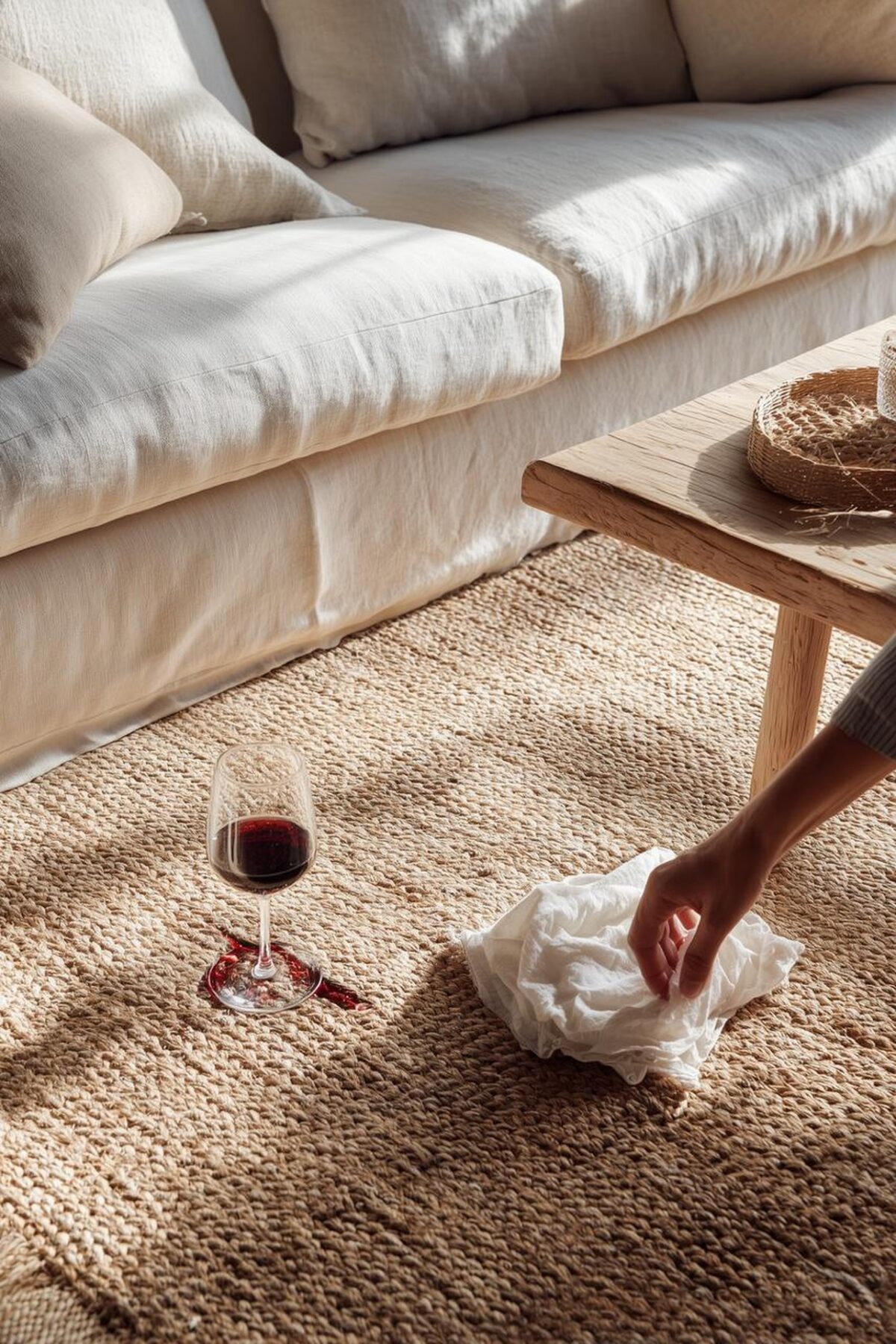 Verre de vin rouge renversé sur un tapis en fibres naturelles, avec un chiffon blanc prêt à absorber la tache sans frotter.
