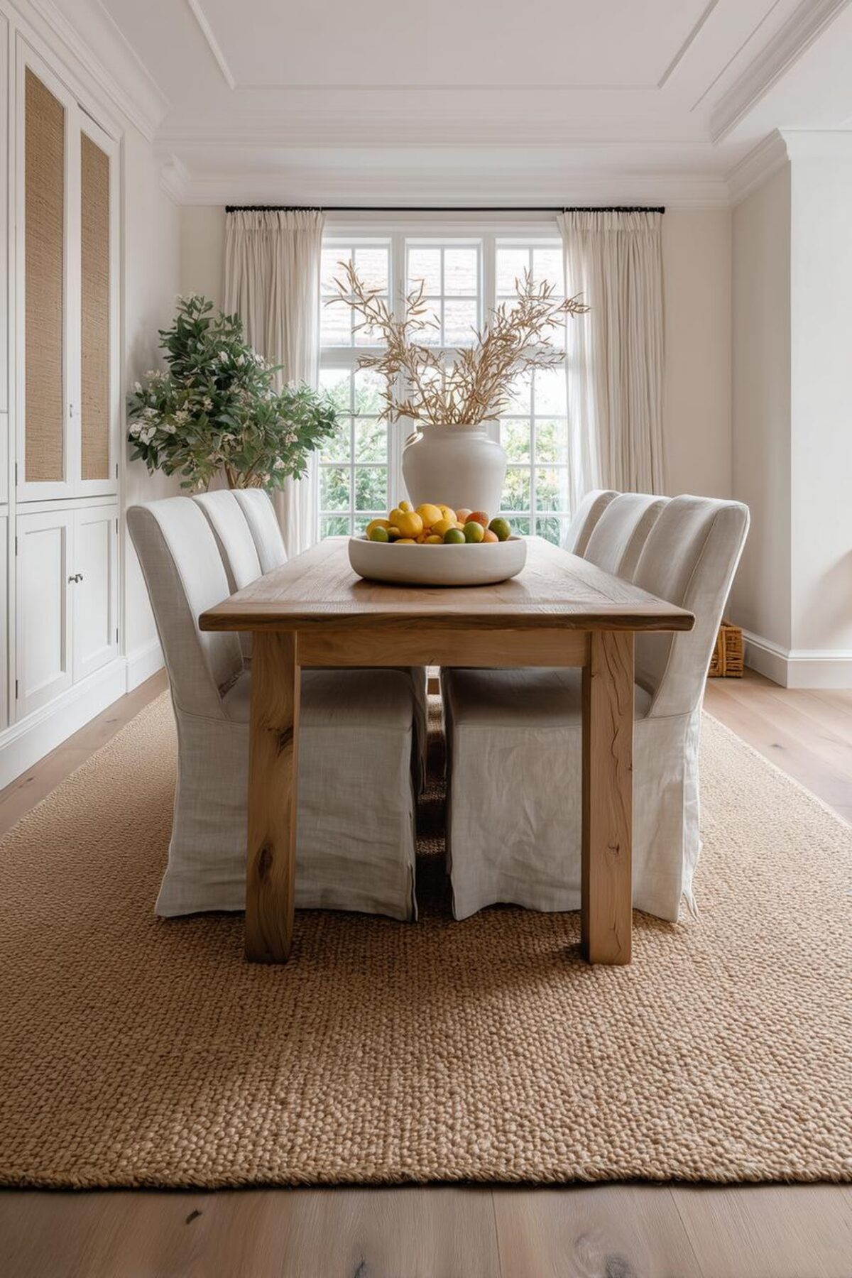 Salle à manger lumineuse avec grand tapis en fibres naturelles, table en bois brut, chaises houssées en lin blanc et ambiance naturelle.