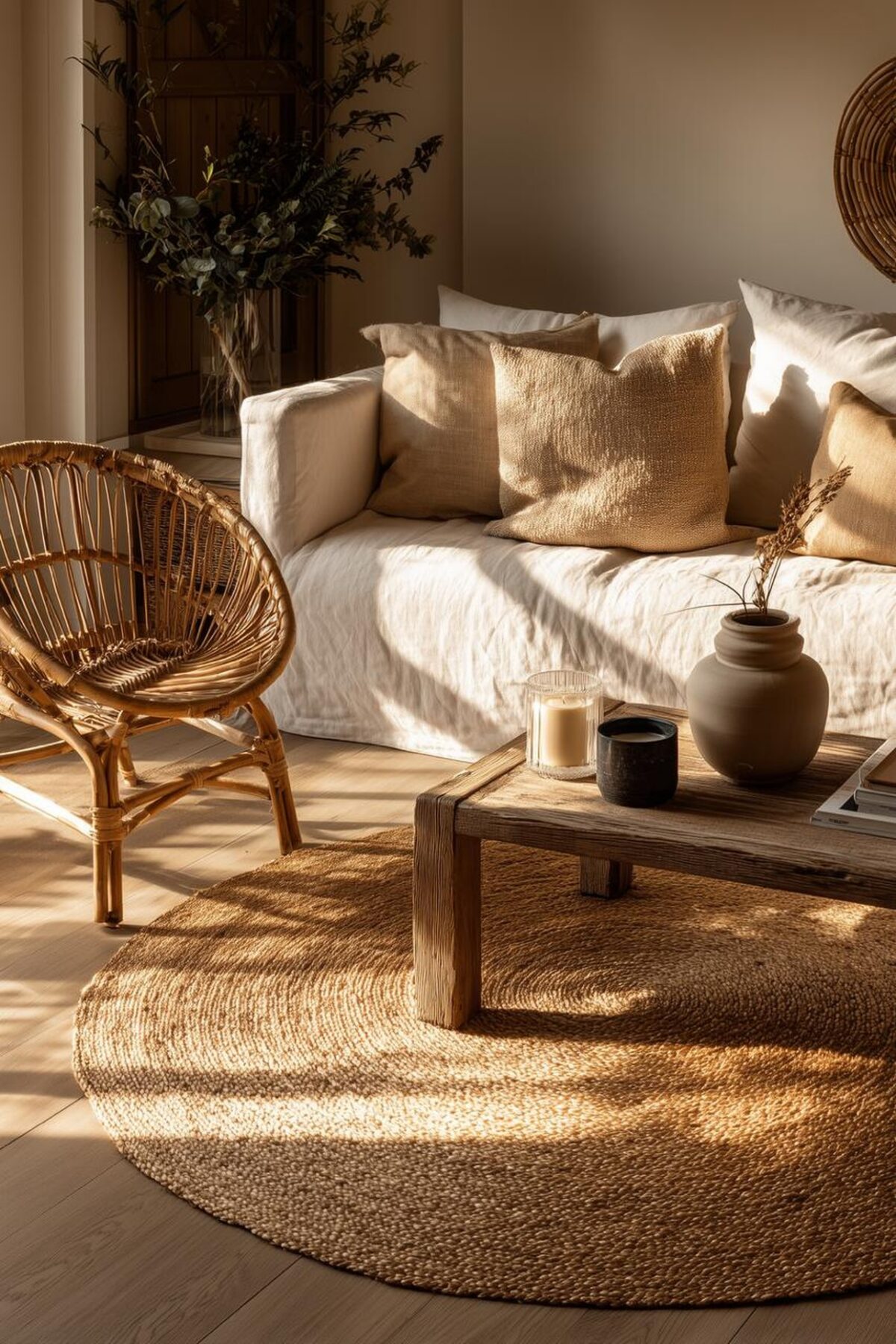 Salon chaleureux avec canapé blanc, fauteuil en rotin, table basse en bois et tapis rond en jute baigné par une lumière dorée.