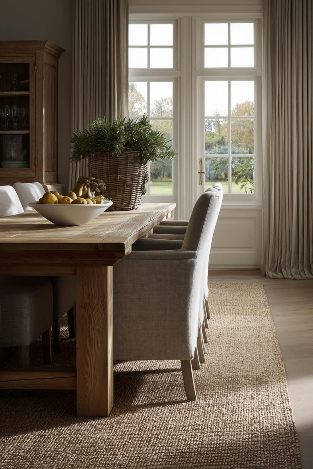 Tapis en sisal ou jute sous une grande table en bois dans une salle à manger claire, avec rideaux beiges et lumière douce.