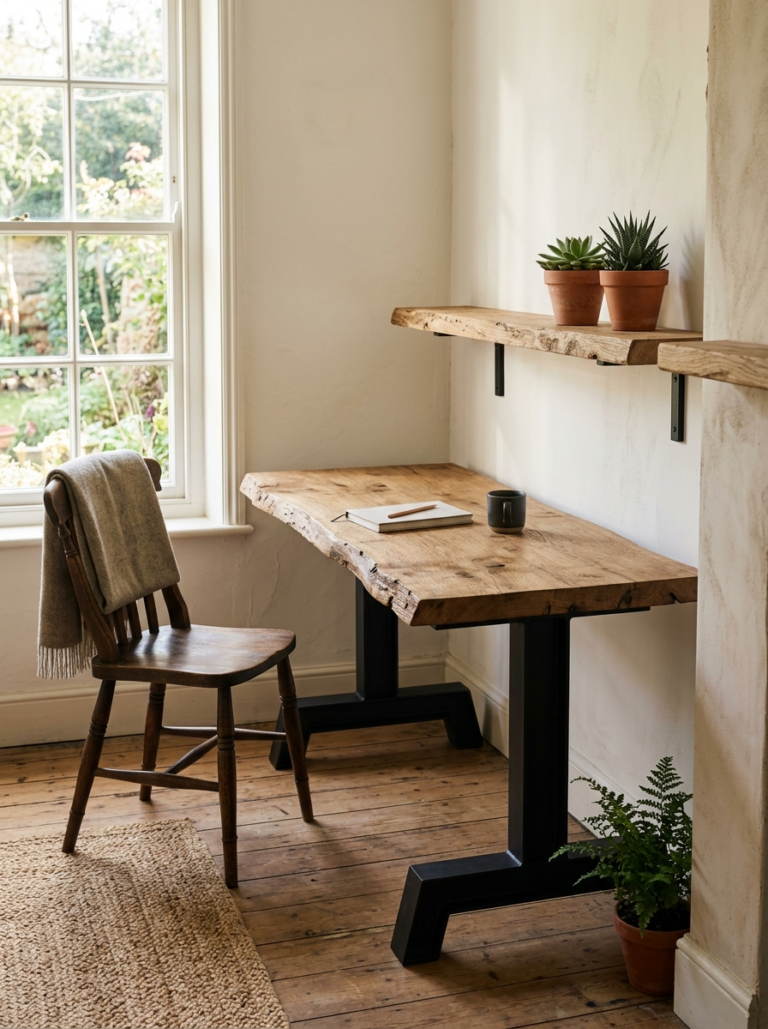 Un bureau de style DIY, économique et fonctionnel, composé d'une planche en bois brut posée sur des tréteaux en métal.