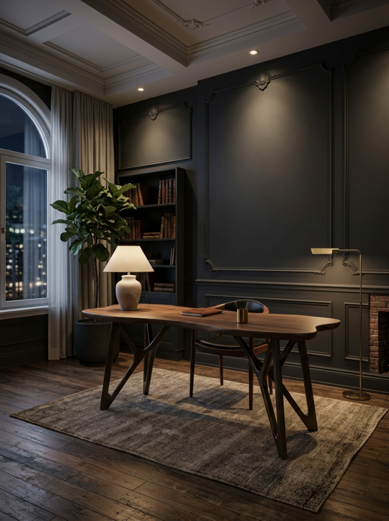 Un bureau design utilisé comme pièce décorative maîtresse, placé devant un mur d'accent sombre et élégant dans un studio.