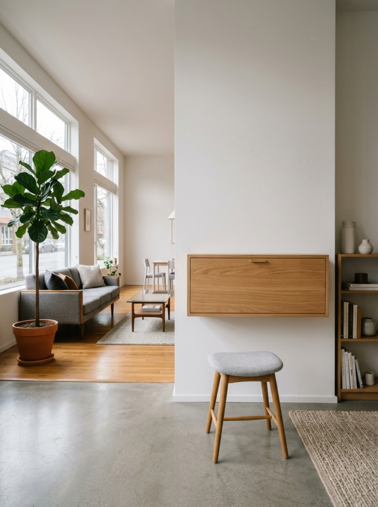 Un bureau secrétaire mural rabattable en position fermée, se fondant discrètement dans le décor d'un studio moderne.