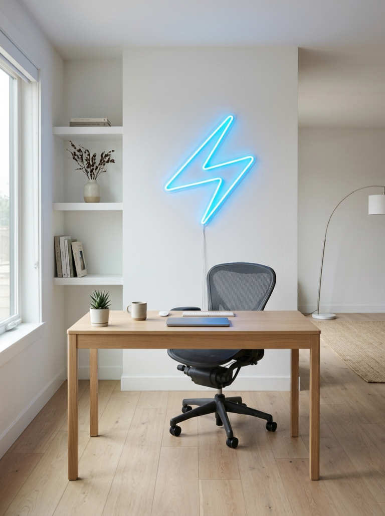 Coin bureau minimaliste avec une sculpture murale néon bleue comme accent années 80 sur une base neutre.
