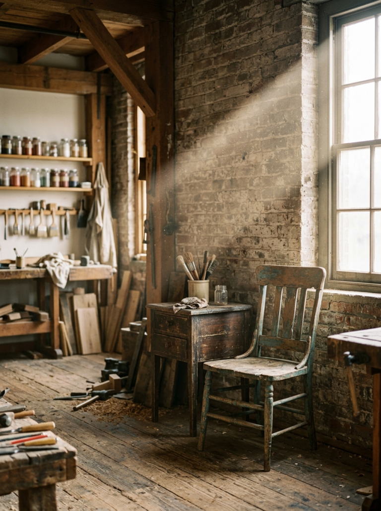 Coin d’atelier lumineux avec une vieille chaise en bois et une petite table prêtes à être transformées en projet d’upcycling