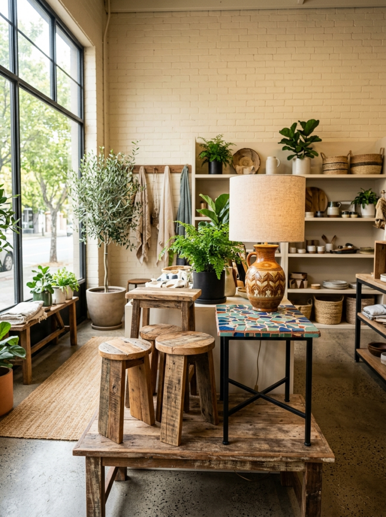Coin de boutique de créateurs présentant plusieurs meubles upcyclés peints et restaurés