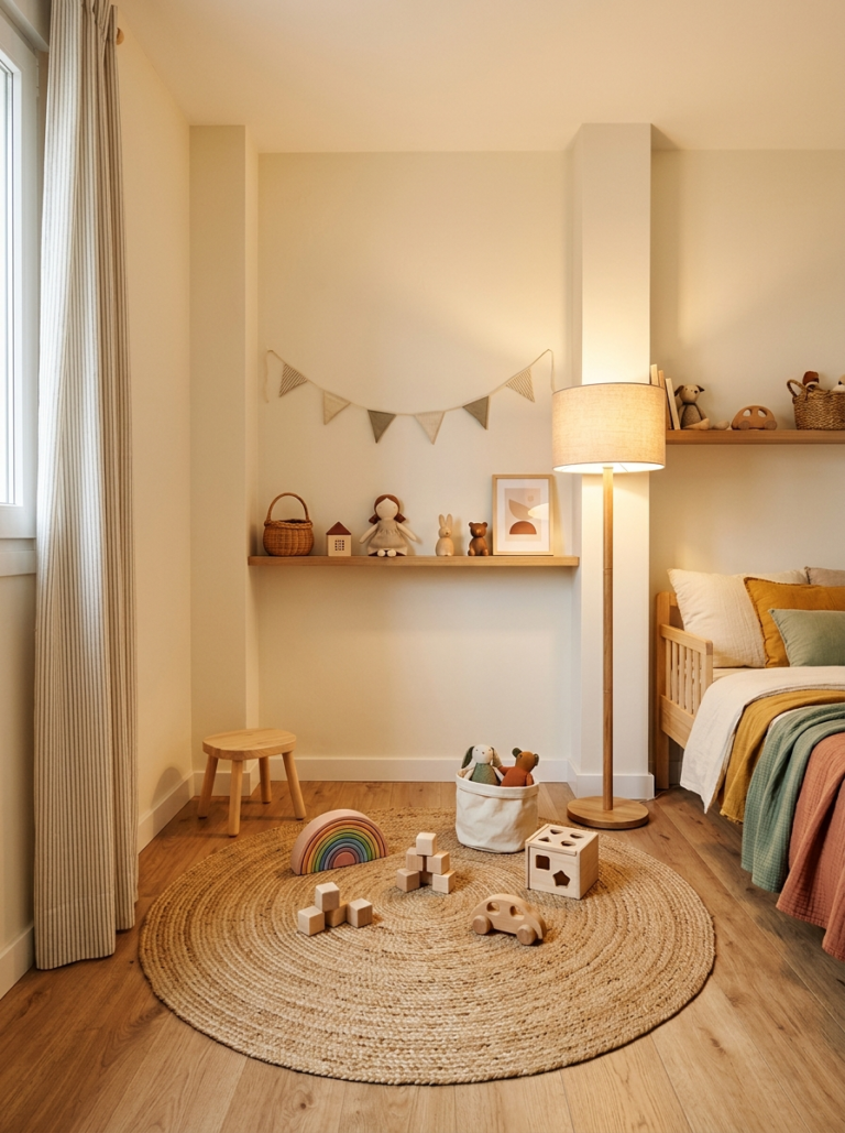 Un coin jeu confortable dans une chambre d'enfant, avec un tapis en jute, des jouets en bois et une lumière chaude et accueillante.