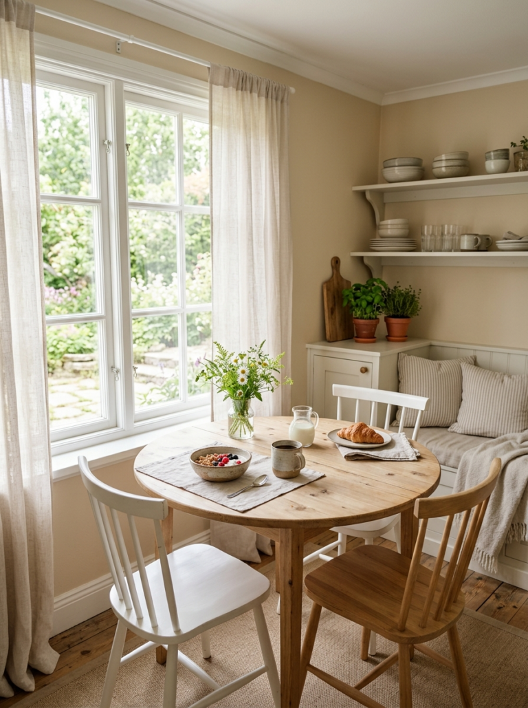 Un coin repas paisible et lumineux dans une cuisine rénovée, avec une table en bois près d'une fenêtre.
